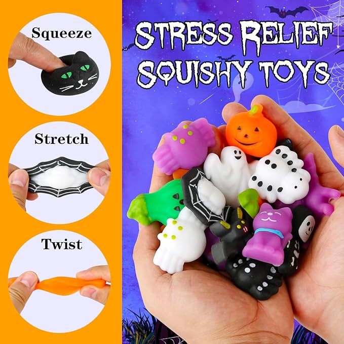30 Pack Halloween Mochi Squishy Toys, Mini Squishies Halloween Toys Gifts Party Supplies for Kids, Squishy Goodie Bag Stuffers,Halloween Treat Bag Classroom Prizes for Kids