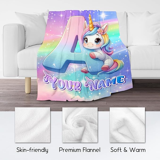 Personalized Blankets for Girls - Unicorn Blanket Gifts for Kids - Custom Throw with Name for Unicorn Lovers - 50"x60" Cute Throws for Couch, Sofa, Bed - Monogram Gift