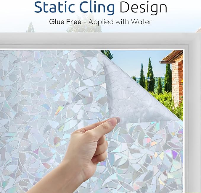 rabbitgoo Rainbow Window Privacy Film, Static Cling, Silver, 29.5" x 78.7" | Decorative Static Sticker, Non-Adhesive Reusable Window Tint, Heat Control UV Blocking Coverings for Home Doors, Living Room