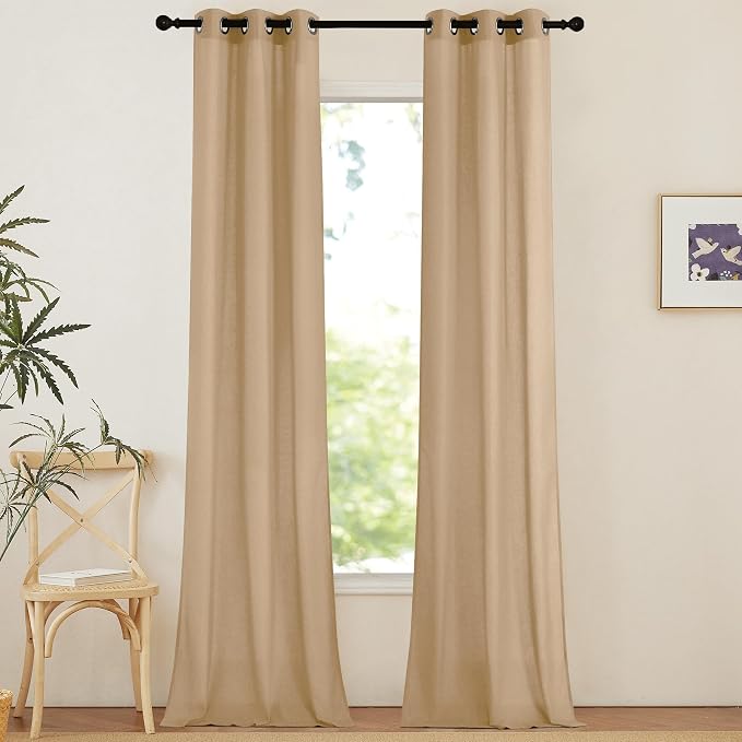 NICETOWN Linen Curtains 96 inches Long for Living Room, Grommet Semi Sheer Drapes Linen Weave Window Treatments Privacy Added with Light Filtering for Bedroom, Burlap, W34 x L96, 2 Panels