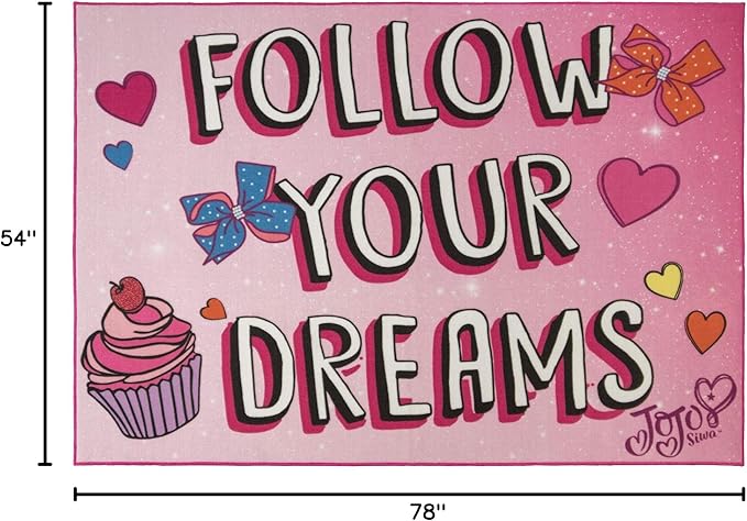 Gertmenian JoJo Siwa Indoor Area Rug - 4x6 Large, Non-Slip, Ideal for Children in Bedroom, Game Room, Classroom, Nursery or Play Area - Follow Your Dreams, Pink, 21276
