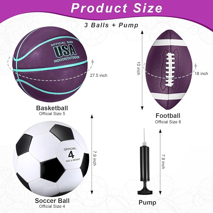 Libima 3 Pcs Sports Ball Set for Kids Teens Include Official Size 5 Basketball 4 Soccer 6 Football with Pump and Carry Bag Training Practice Sport Gift for Kids Teens Back to School