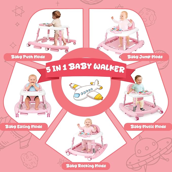 5-in-1 Baby Walker for Boys and Girls Music and Lights 6-18 Month, Foldable Baby Walkers with 5 Adjustable Heights, Infant Toddler Walker with Wheels and Combo Portable（Pink）