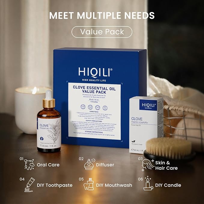 HIQILI Clove Essential Oil Set – 1 fl oz (12 Pack), with Stable Quality, Bulk Pack for Business, Ideal for Oral Care & Aromatherapy, Hotel, DIY Studio, Holiday Gifts & Home Use