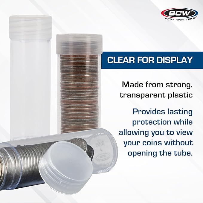 BCW Quarter Coin Storage Tubes - 10 Pack | Archival Quality Plastic Coin Holders, Screw-On Caps | Long-Term Coin Storage