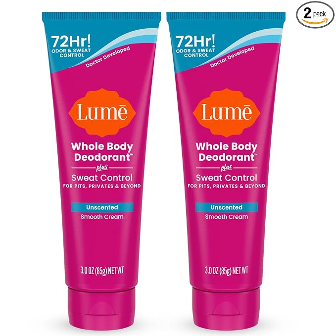 Lume Whole Body Deodorant Plus Sweat Control - Smooth Cream Tube - 72 Hour Odor And Sweat Control - Baking Soda Free, Skin Loving - 3.0 ounce (Pack of 2) (Unscented)