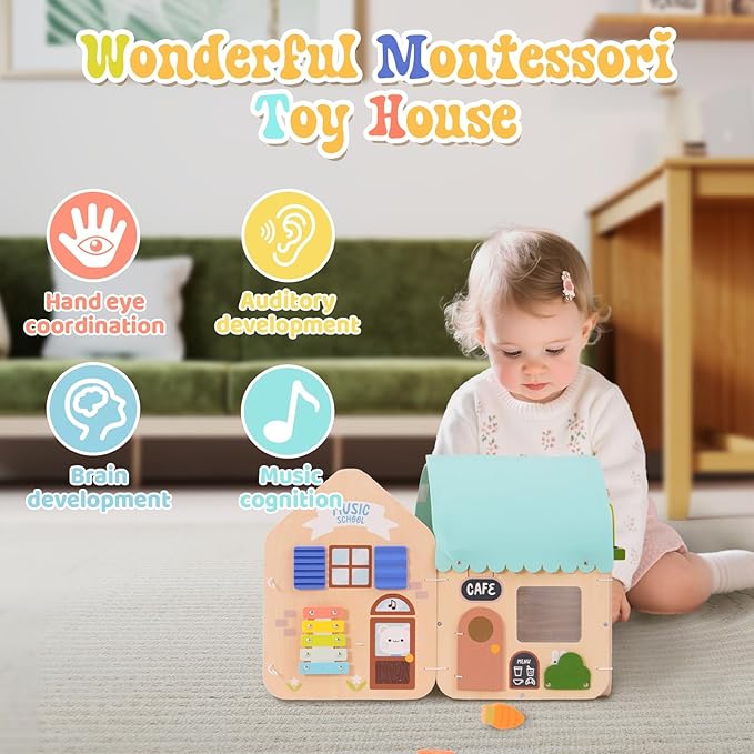 2 in 1 Montessori Wooden Busy Board House, Multi-Functional Foldable Busy Board, Fine Motor Skills Training for Little Kids Aged 1-3, Gifts for Boys and Girls
