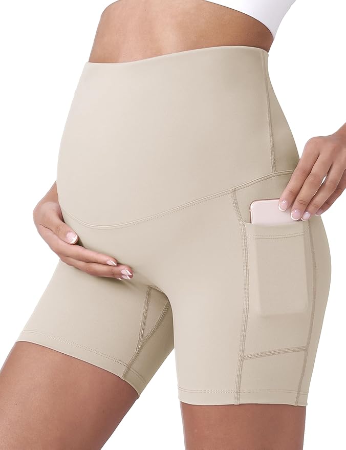 POSHDIVAH Women's Maternity Yoga Shorts Over The Belly Bump Summer Workout Running Active Short Pants with Pockets 5"/8"