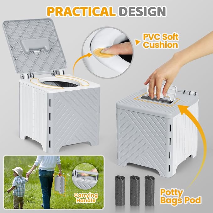 Orzbow Portable Potty Training Toilet, Travel Potty Seat for Toddler Boys Girls, Toilet Training Essentials, Foldable, Includes Free Travel Bag and Disposable Liners, Toddler Travel Essentials, Grey
