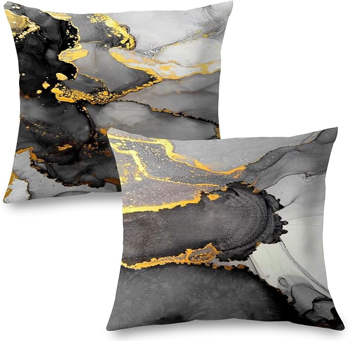 Black Grey and Gold Marble Texture Pillow Covers 22x22 Double-Sided, Abstract Modern Decorative Throw Pillow Covers for Living Room Bedroom, Modern Home Decor, Black and Gold Decor, Set of 2