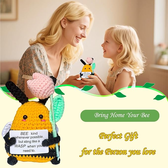 Birthday Gifts for Women Men Mon Dad,Thank You Emotional Support Crochet Bee for Friends, Positive Cute Handmade Animal Stuff, Funny Christmas Easter Present, Office/Home Decor