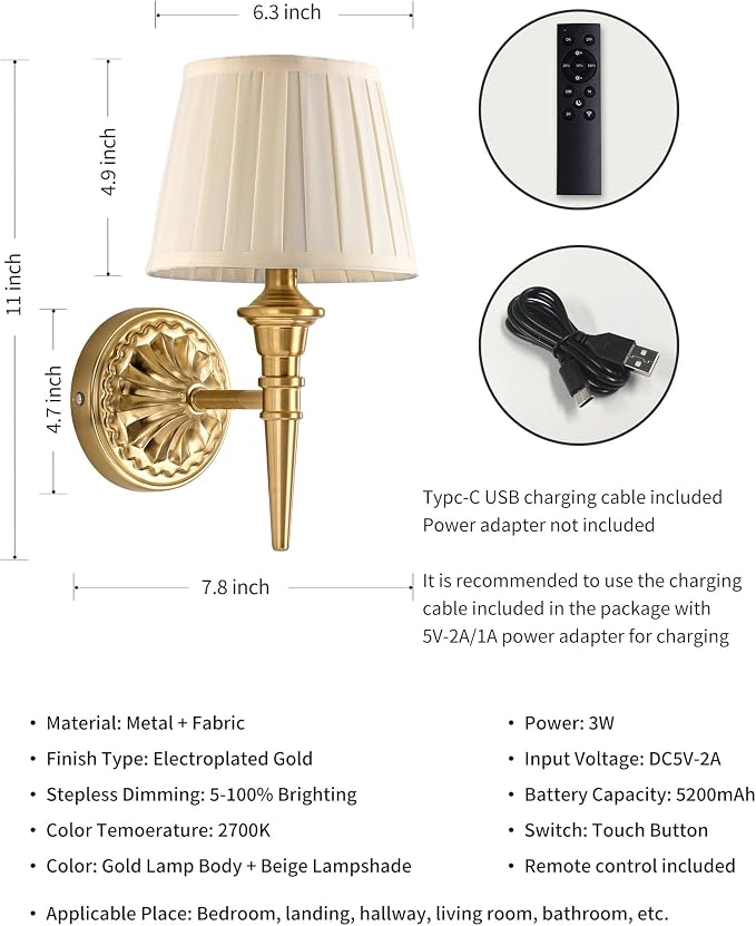 KDG Cordless Gold Wall Sconces Set of 2, Beige Fabric Lampshde Wall Lamps | Small LED Wireless Portable Rechargeable Battery Lighting for Wall Painting, Living Room, Bedroom, Hallway, Gifts, Nightlight