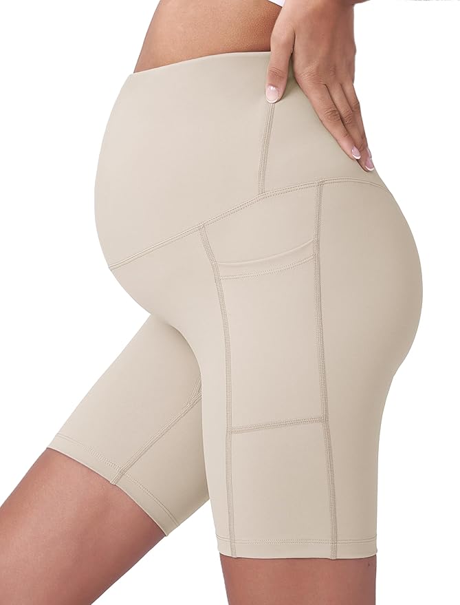 POSHDIVAH Women's Maternity Yoga Shorts Over The Belly Bump Summer Workout Running Active Short Pants with Pockets 5"/8"