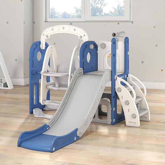 kinbor Toddler Swing and Slide Set - Indoor Outdoor Baby Slide for Toddlers 1-3, Toddler Playground with Basketball Hoop & Storage – Safe, Sturdy Kids Indoor Outdoor Playset, Blue