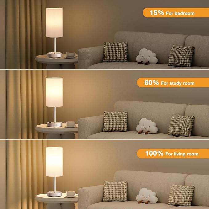 Fenmzee Antique White Bedside Table Lamp for Bedroom - 3 Way Dimmable Touch Lamp USB C Charging Ports and AC Outlet, Small Lamp Gold Base Round Flaxen Fabric Shade for Living Room, Desk