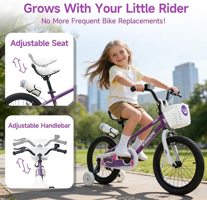 WinHope Kids Bike, 12-18 Inch Toddler Bicycle with Removable Training Wheels and Dual Brakes, Children Bike for Beginner with Adjustable Seat and Headlebar for 2-9 Years Boys Girls, Multiple Colors