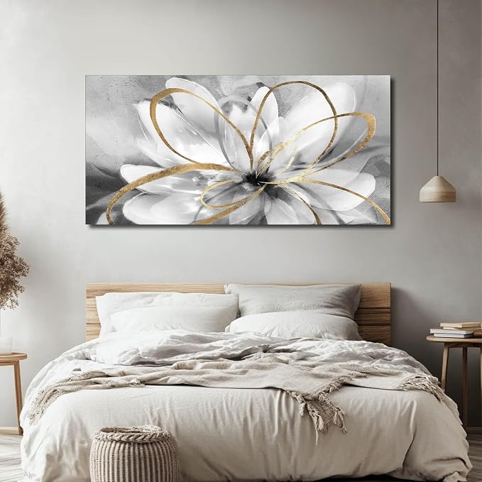 SOUGUAN Flower Wall Room Decor Gold Decoration White Flower Artwork for Living Room Office Dining Room 24x48 Inch