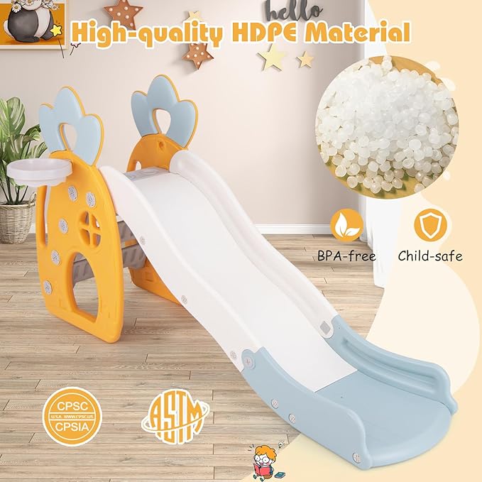 BABY JOY Toddler Slide, 3 in 1 Freestanding Foldable Kids Slide with Climber, Basketball Hoop & Ball, Buffer Zone & Safety Handrails, Indoor Pineapple Theme Play Slide for Kids, Boys & Girls