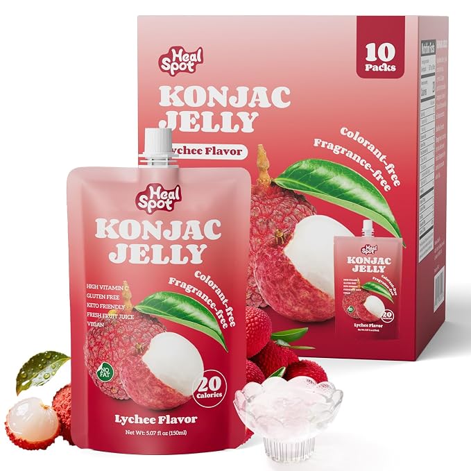 Healspot Real Fruit Juice Snacks Konjac Jelly with Collagen Peptides and Vitamin C, No Artificial Sweetener, Low Calories|Gluten Free|Keto Friendly, Healthy Korean Snacks 10 Pouches Lychee Flavor