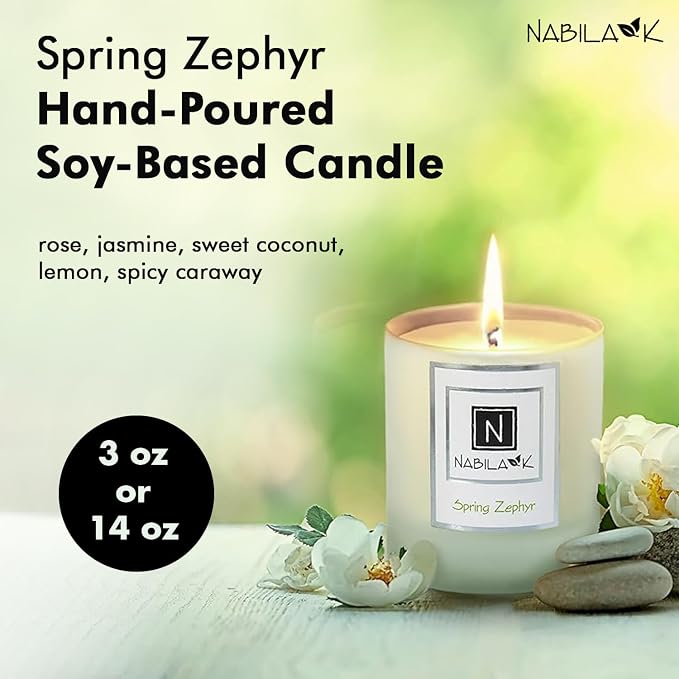 Nabila K – Spring Zephyr - Soy-Based Candle – Rose, Jasmine, Sweet Coconut, Lemon, Spicy Caraway - Hand-Poured - Cotton Wick - Aromatherapy Candle w/Essential Oils - Made in USA - 14 oz