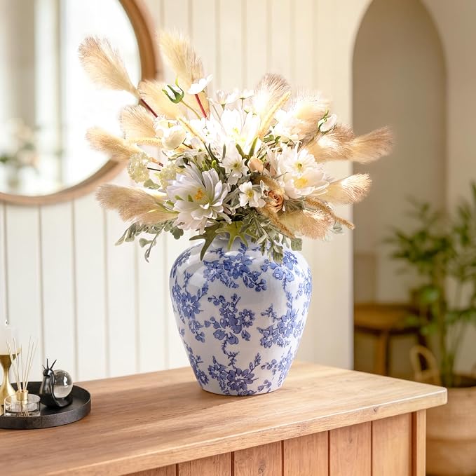 Ceramic Flower Vase Home Decor,8 Inch Blue and White Porcelain Vases,Vintage Table Vase for Farmhouse Rustic Living Room Kitchen Bedroom Shelf Office Desk Coffee Dining Fireplace