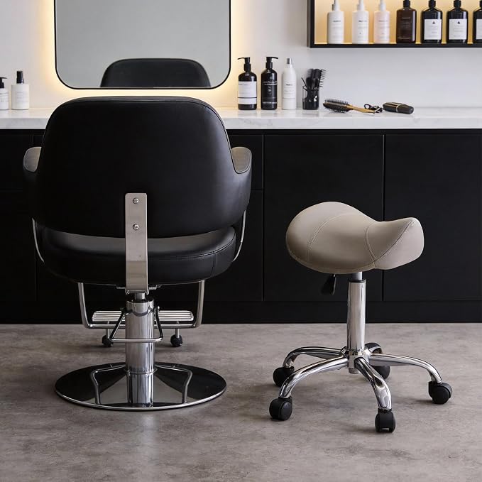FIRAVOE Saddle Stool, Swivel Saddle Stool with Wheels, Adjustable Rolling Stool 18"-26", Faux Leather Rolling Stool for Salon, Massage, Clinic, Lab, Office (Light Grey, 1PCS (18"-26"))