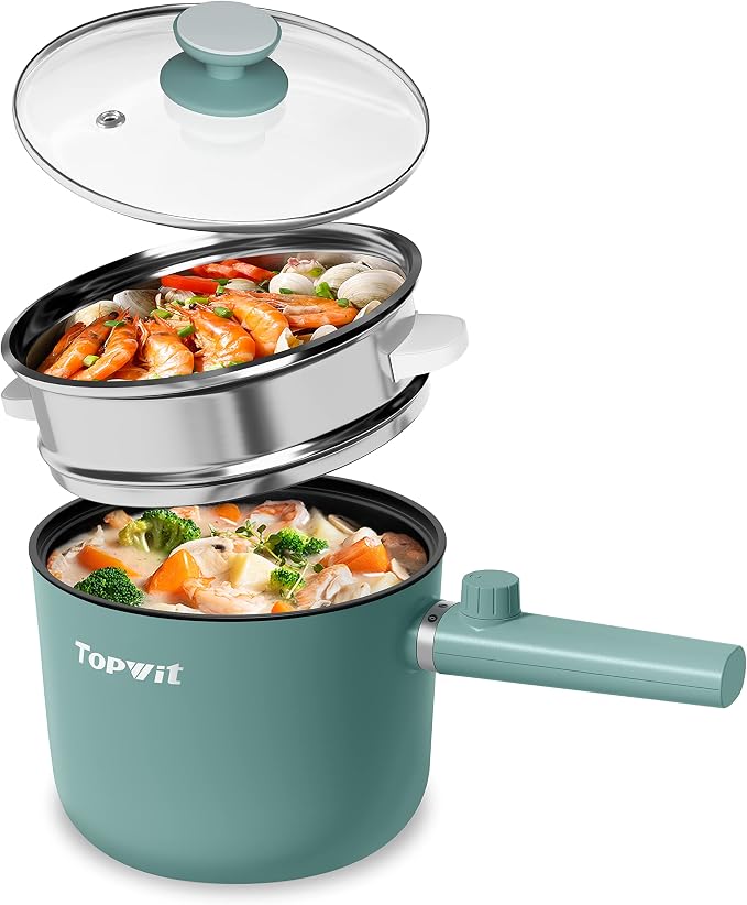 Topwit 1.5L Hot Pot Electric, Portable Ramen Cooker, Non-Stick Frying Pan | BPA-free, Glass Lid, Overheat & Boil-dry Protection, Electric Pot for Pasta, Steak, College Dorm Office Travel Essentials