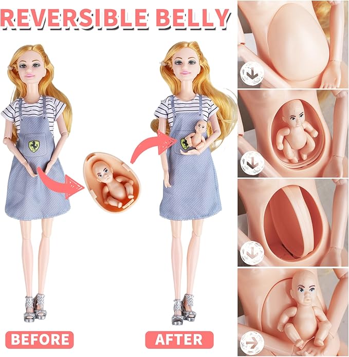 Dolls Set of 6 People with Pregnant Mom Dad 3 Kids and Baby Boy in Mommy's Tummy, Doll Playsets and Accessories for 3-12 Years Old Toddlers Gift
