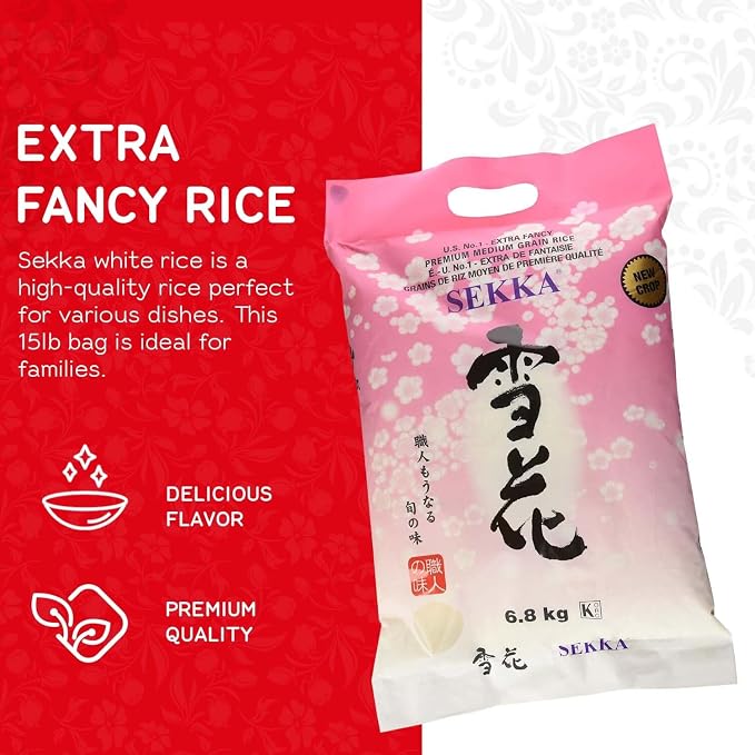 SEKKA Extra Fancy Medium Grain white Rice - Japanese Premium quality uncooked Rice | Milled Rice, Sweet and Chewy | Low Fat, Perfect for Authentic Asian Cuisine, 15 lb -(Pack of 1)