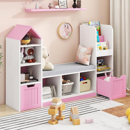 Toy Storage Organizer for Kids Bookshelf with Reading Nook, Multifunctional Kids Bookcase with 7 Storage Cubbies, 2 Movable Drawers and Seat Cushion for Keeping Kids' Toys Books Organized, Pink