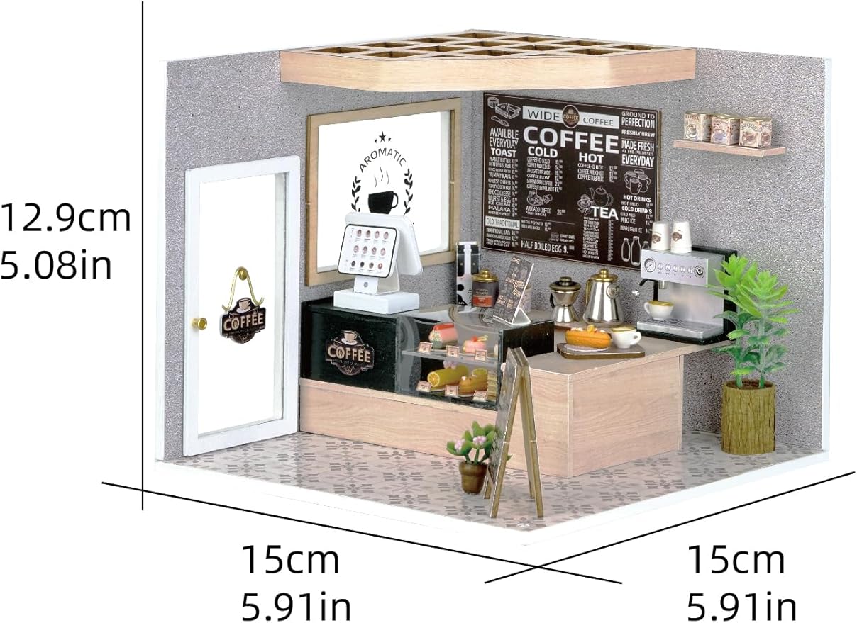 MAGQOO DIY Miniature Dollhouse Kit with Furniture 1:24 Scale Creative Room Mini Wooden Doll House Accessories DIY Miniature House Kit (Leisurely Coffee Shop)
