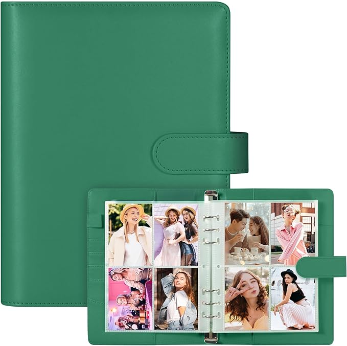 A5 Photocard Holder and Binder, PU Leather 6-Ring Album with Magnetic Closure, Includes 30 Pack 4-Pocket Pages for 240 Cards, Card Holder for Kpop, Trading, and ID Cards (Forest Green)