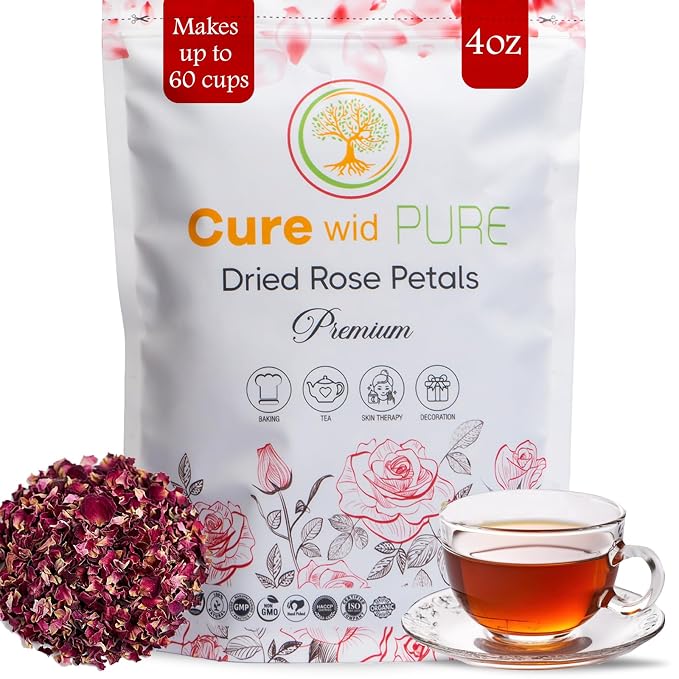 Cure Wid Pure Certified Organic Dried Rose Petals 4 oz Food-Grade Edible Rose Petals for Tea,Cocktails,Baking,Skincare & DIY - Sun-Dried,Non-GMO,Gluten & Chemical-Free Edible Flowers in Resealable Bag