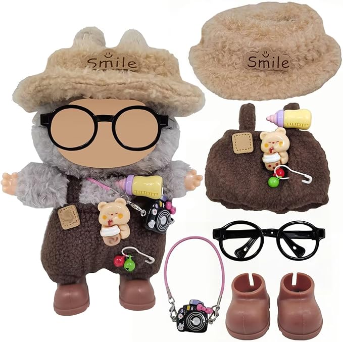Doll Clothes Outfit and Accessories Suitable for 17cm Dolls, 5 Piece Set Romper Hat Camera Backpack Glasses Shoes (No Doll) Brown