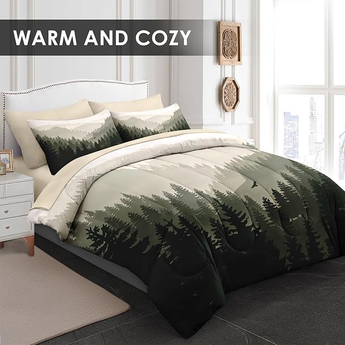 Pamnest Comforter Set Queen Size, Mountain Pine Tree 7 Pcs Bedding for Kids and Adults, Natural Forest Landscape Bed Sheet Sets with Fitted Sheet 2 Pillowcases & 2 Shams