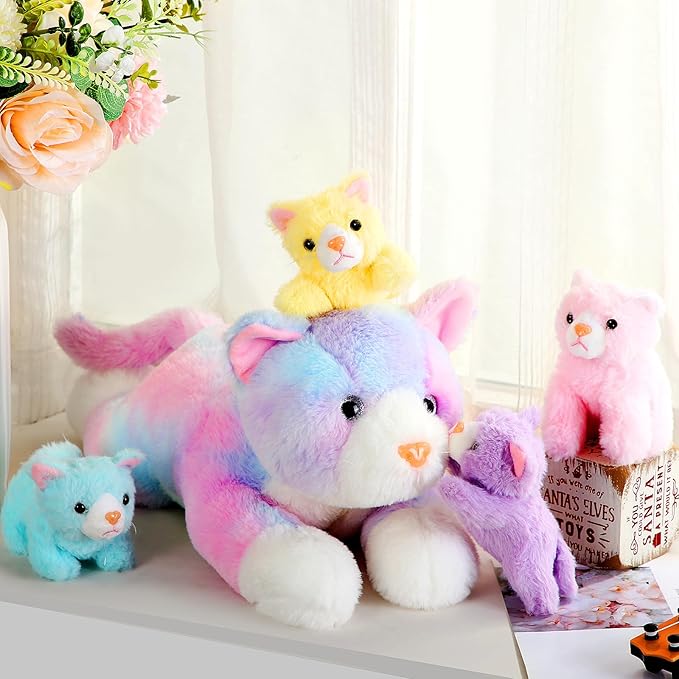 Skylety 5 Pieces Cat Stuffed Animal with Babies Inside Belly Plush Cat Pregnant Mommy Kitty with 4 Cute Fluffy Stuffed Kittens Christmas Birthday Surprise Gifts(Colorful)