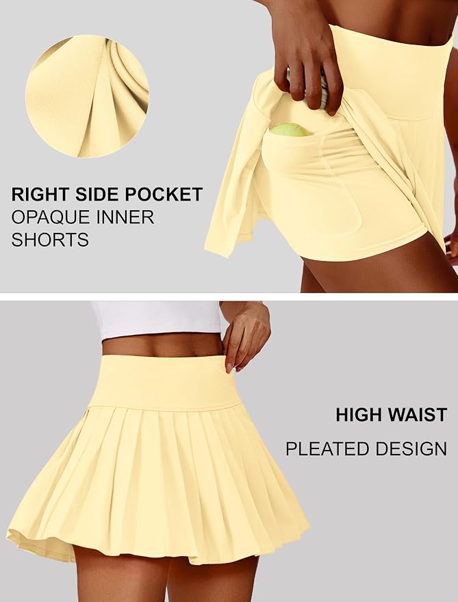 PINSPARK Pleated Tennis Skirts Mini Athletic Golf Skorts with Pocket | 14", High Waist, Lightweight, Quick Dry, Stretchy, Inner Shorts, Sun Protection, Pickleball, Casual, for Women