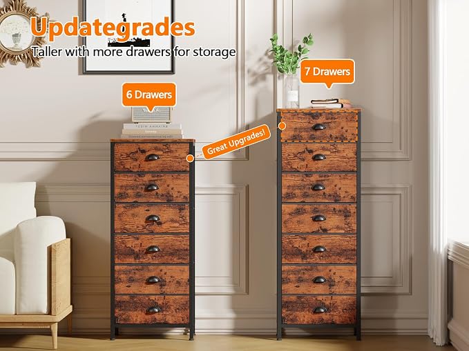 Dresser for Bedroom, 7 Drawers Tall Chest of Drawers | Rustic Brown Storage Organizer, Fabric Bins, Metal Frame, Wood Desktop, Dorm Vertical Closet,Bedside Furniture in Living Room