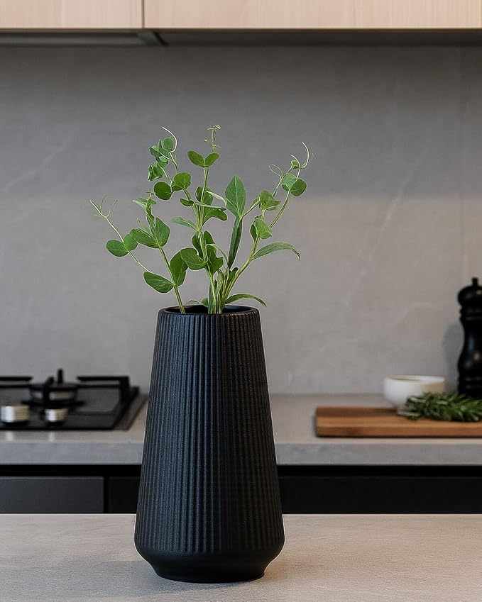Black Ceramic Vase, 8 Inch Flower Vase for Pampas Grass, Modern Minimalist Ribbed Decorative Vase for Living Room Table, Shelf Decor