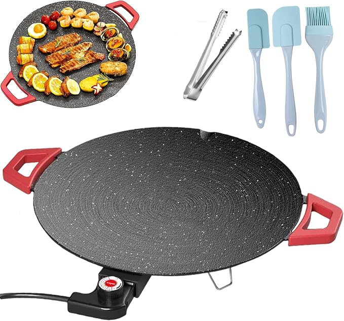 Non-Stick Electric Indoor Grill Pan - 1300w Portable Electric Korean Bbq Grill, Multifunctional Nonstick Smokeless Round Griddlewith Temperature Control,Include Oil Brush,Food Tongs