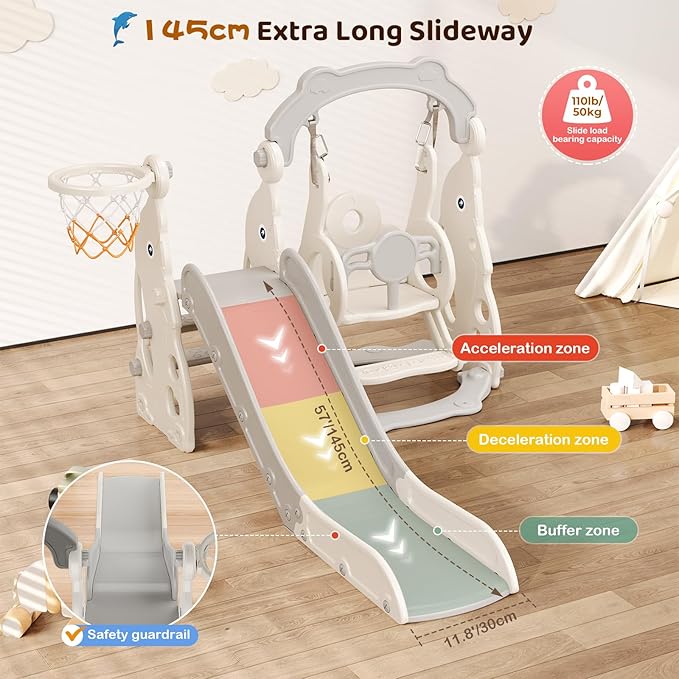 Toddler Slide, 4 in 1 Toddler Playset - Upgrade with Kids Slide, Swing, Basketball Hoop and Storage Space for Age 1-3, Indoor and Outdoor Playground