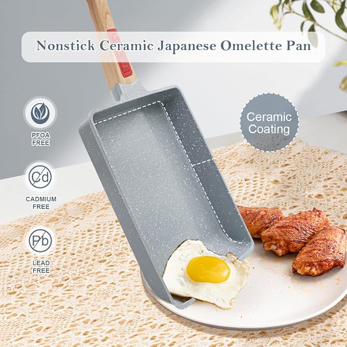 AIKENBBKK Tamagoyaki Pan Ceramic, Japanese Omelette Pan Nonstick, Japanese Egg Pan, Square Egg Pan, Induction-Ready, Detachable Handle, with Silicone Spatula, PFAS&PFOA-Free,Oven Safe,Blue,9"x8.2"
