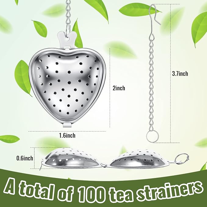 Sumind 100 Pcs Tea Strainer Stainless Steel Tea Ball Infuser Loose Leaf Tea Steeper Tea Interval Diffuser Heart Shape Mesh Tea Filters with Extended Chain Hook for Seasonings Cup Bottle (Silver)