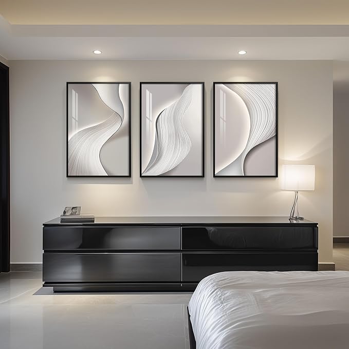 Large Framed Modern Abstract Wall Art, 3 Piece Minimalist Bright Style Prints Paintings Artwork for Walls, Silver Gray Contemporary Luxury Pictures for Living Room Hallway Office Wall Decor Total 30x60 In