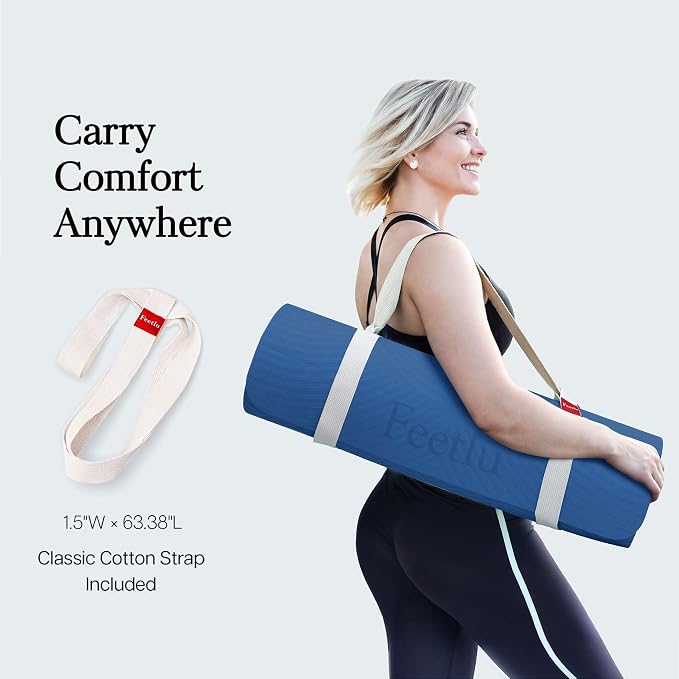 Extra Thick 12mm Exercise Mat – 74"L x 26"W Inch, Non-Slip, Joint-Friendly & Cushioned Fitness Mat for Yoga, Pilates & Floor Workouts – Durable, Supportive & Includes Feetlu Classic Strap