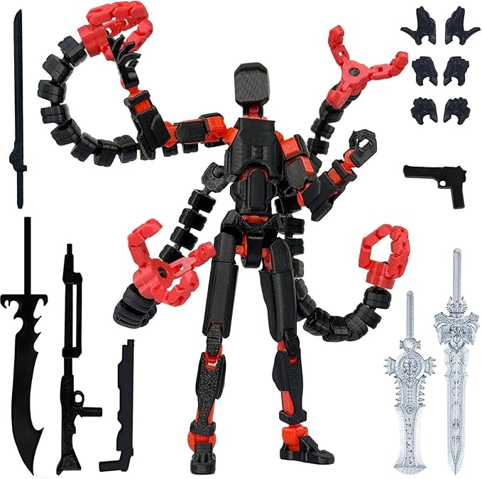 Already Assembled T13 Action Figure Accessories,T13 Multi-Jointed Movable,for Collectors Desktop Decorations t-13 Movability 3D Printed Toys (Black Red, 7.2 Inch)