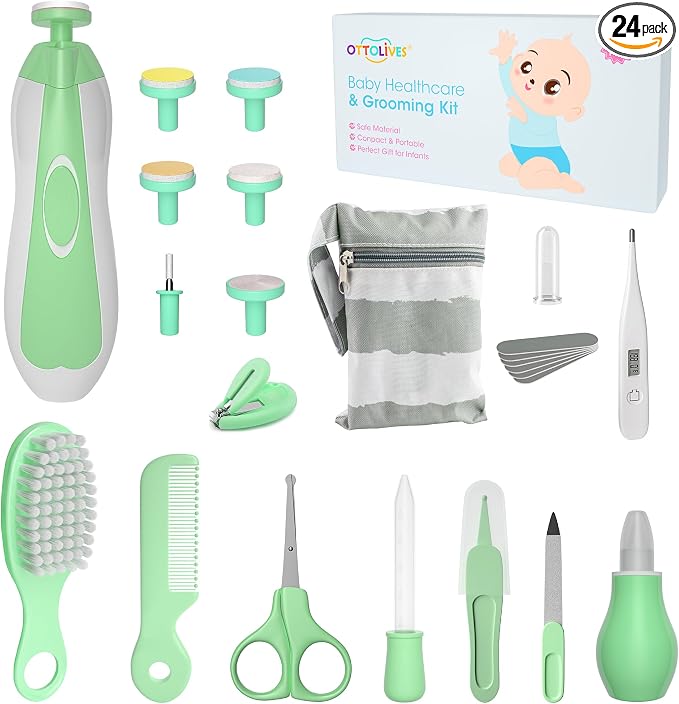 Baby Healthcare and Grooming Kit, 24 in 1 Baby Electric Nail Trimmer Set Newborn Nursery Health Care Set for Newborn Infant Toddlers Baby Boys Girls Kids (0-3 Years+) (Green)