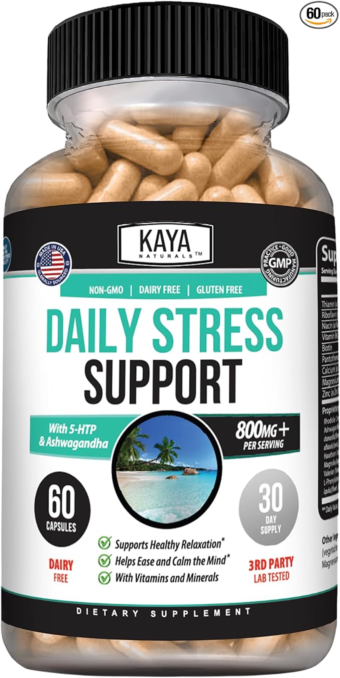 Kaya Naturals - Natural Herbal Stress Support Vitamin Supplement to Relax and Calm the Mind - Boost Mood - Happy Pills - Stress Relief Support - Vitamin Supplement - 60 Capsules