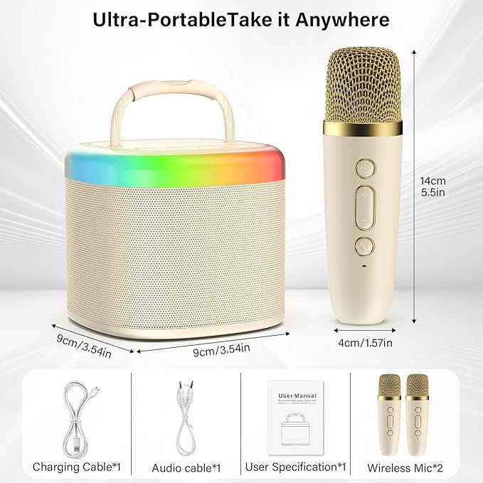 JYX Mini Karaoke Machine for Kids, Portable Bluetooth Karaoke Speaker Unpowered Cabinets with 2 Wireless Microphones and Party Lights for Adults, Birthday Gifts for Girls Boys Family Home Party(Beige)