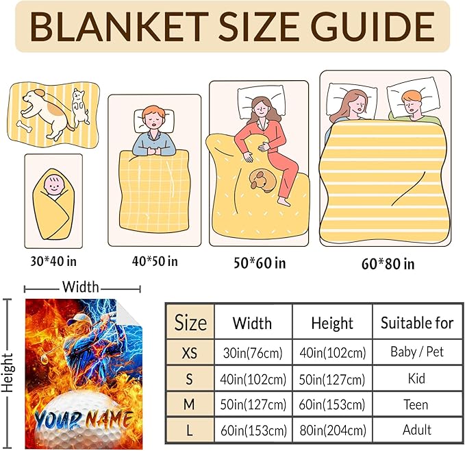 Personalized Blanket for Boys Men Sport Theme Throw Blankets for Kids Golf Lovers, 40x50 Inches Lightweight Comfy Cool Golf Throw with Custom Name for Couch Sofa Bed Office